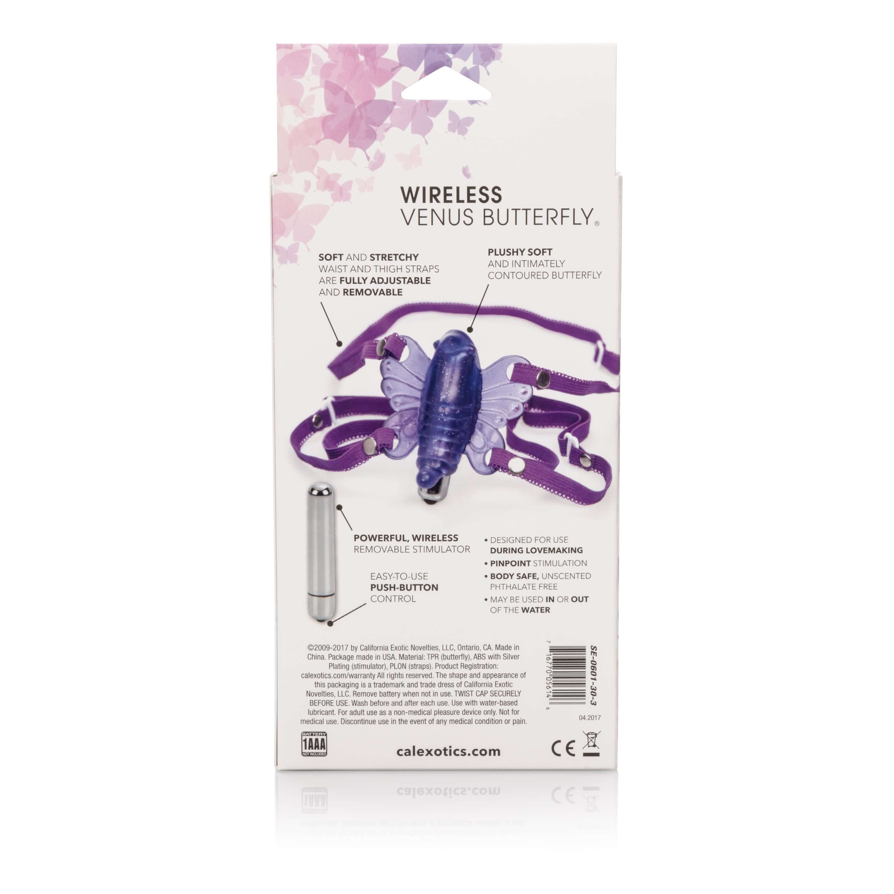 Wireless Venus Butterfly Wearable Stimulator Purple packaging with features and details for personal pleasure.