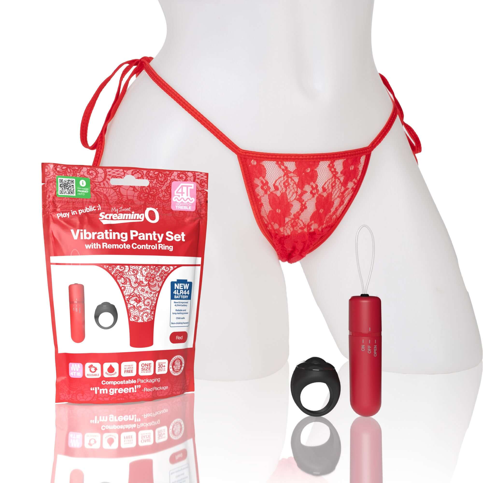 Screaming O 4T Vibrating Panty With Remote Control Ring Red displayed with packaging and remote.