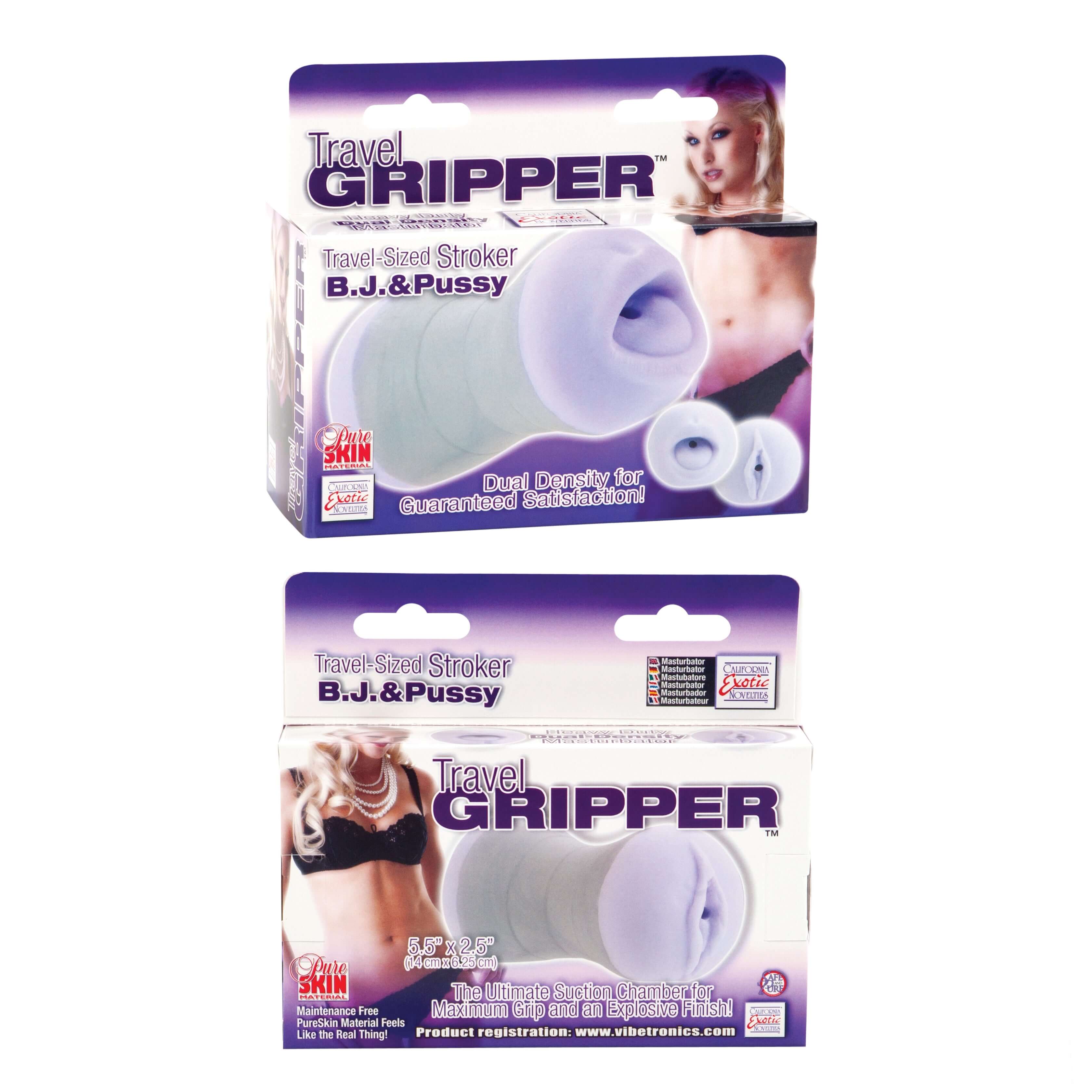 Travel Gripper BJ & Pussy Masturbator packaging showcasing dual-ended design for versatile pleasure.