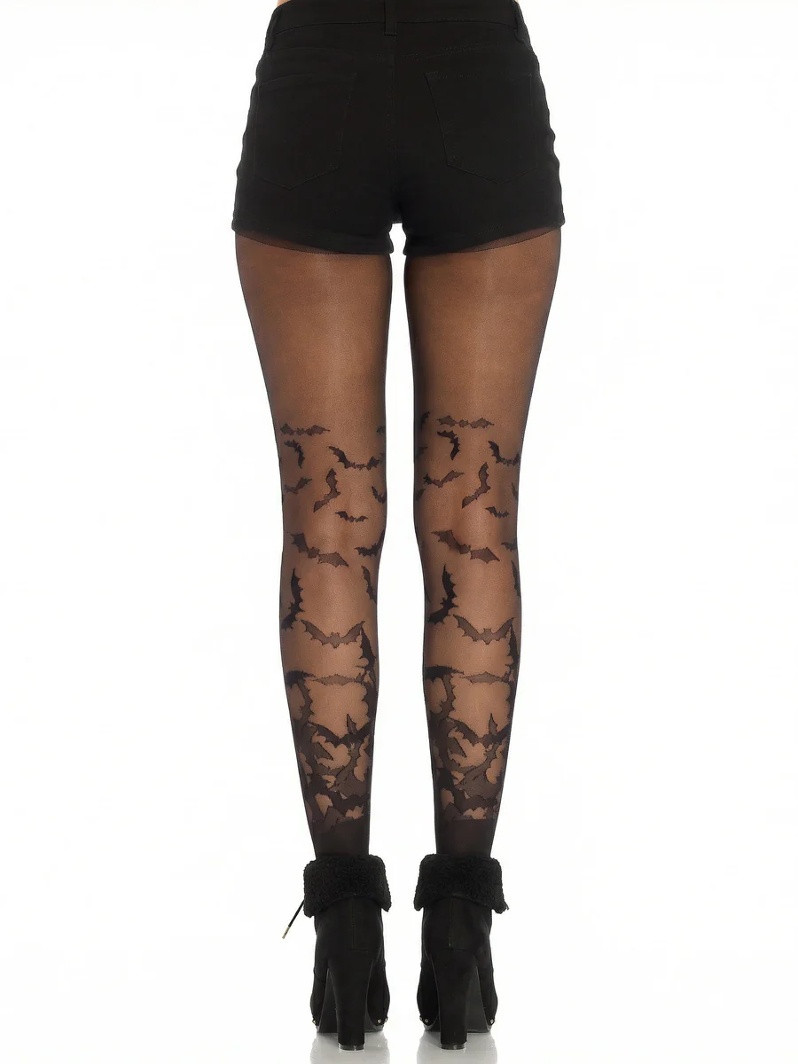 Leg Avenue Bat Wing Sheer Tights Black OS worn with shorts, featuring bat designs on sheer material.