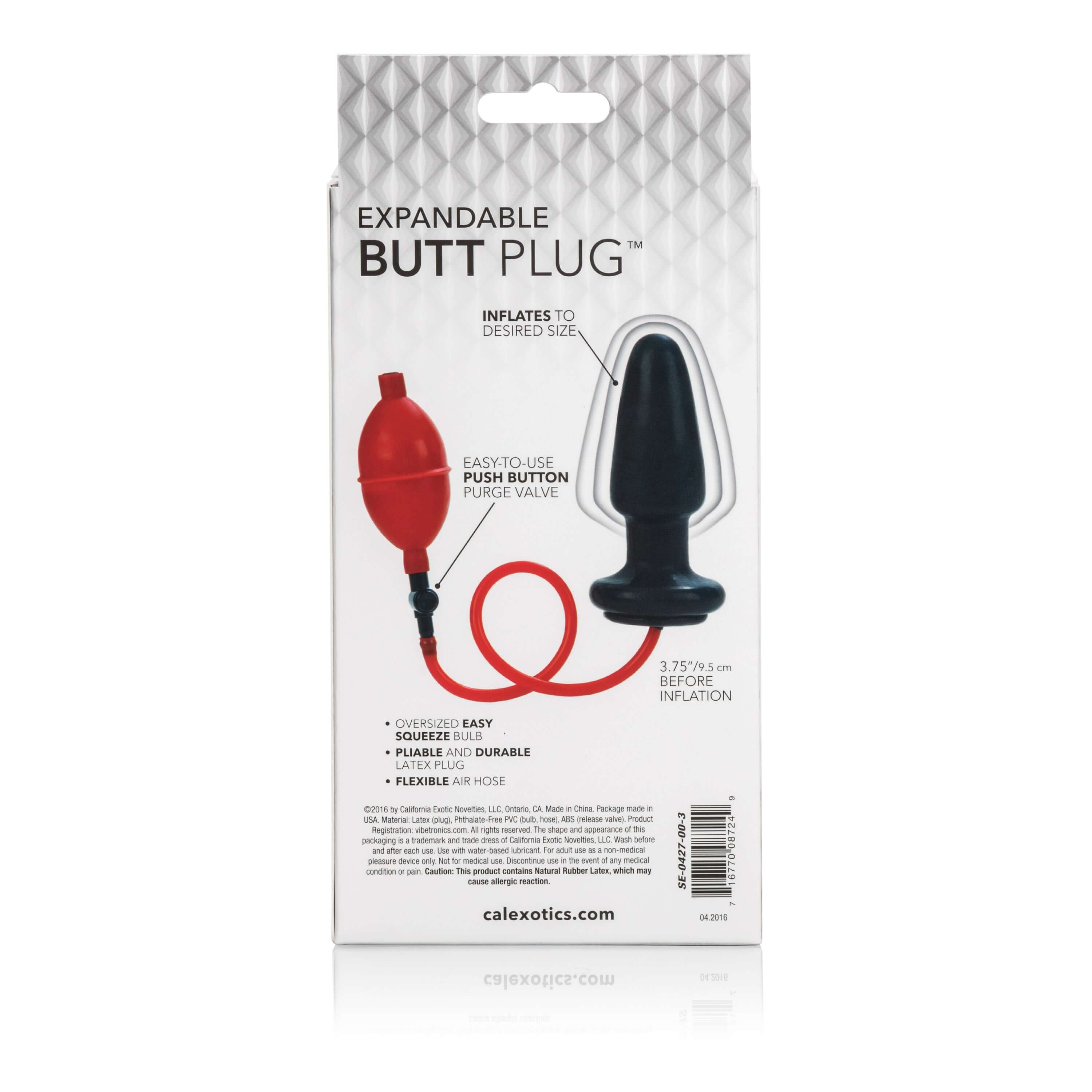 Expandable Butt Plug Red California Exotic package with details on inflation and design.
