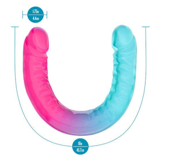 B Yours Candy Papi XX Large Double Dong 17.75 inch in vibrant pink and blue color, designed for versatile stimulation.
