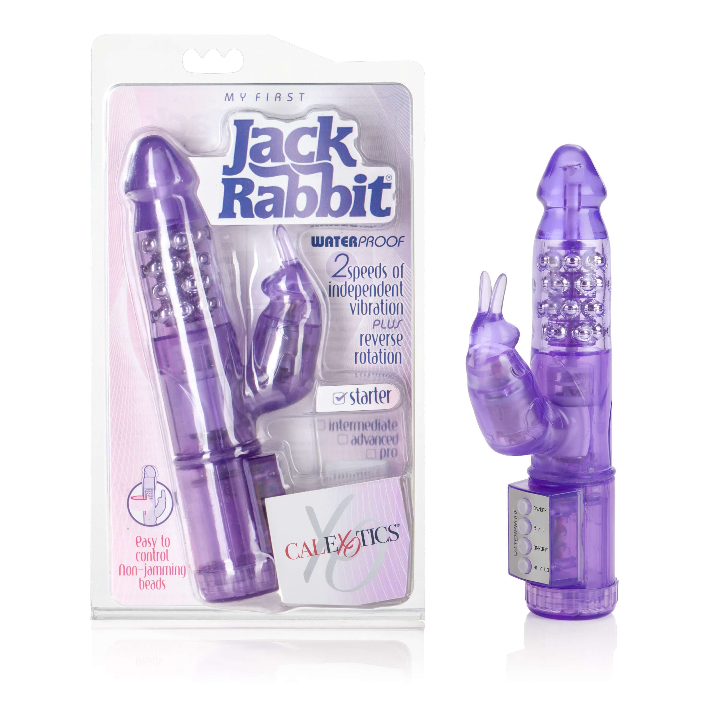 My First Jack Rabbit Vibrator Purple in packaging, featuring dual stimulation and intuitive controls for beginners.