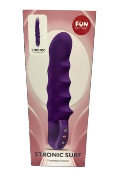 Fun Factory Stronic Surf Thrusting Pulsator Dark Violet in packaging showcasing its ergonomic design.