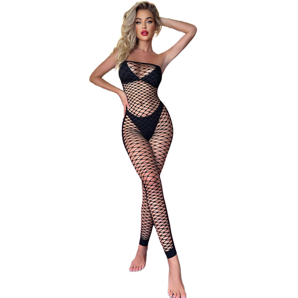 Black Pearl Fishnet Strapless Bodysuit Black featuring a bold fishnet design and strapless silhouette.
