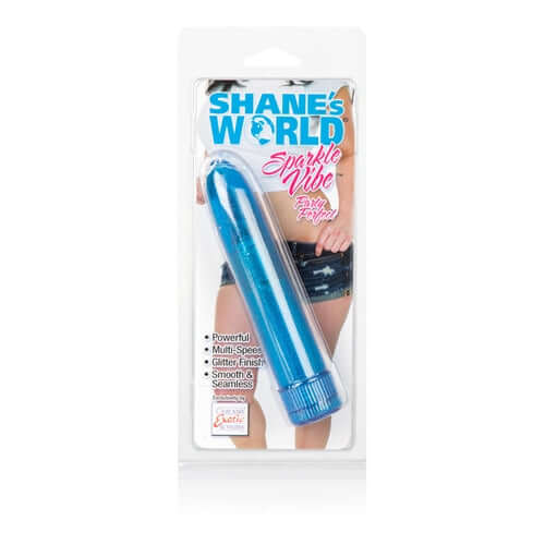 Shanes World Sparkle Vibes Blue vibrator in packaging, featuring a glittery blue design and smooth finish.