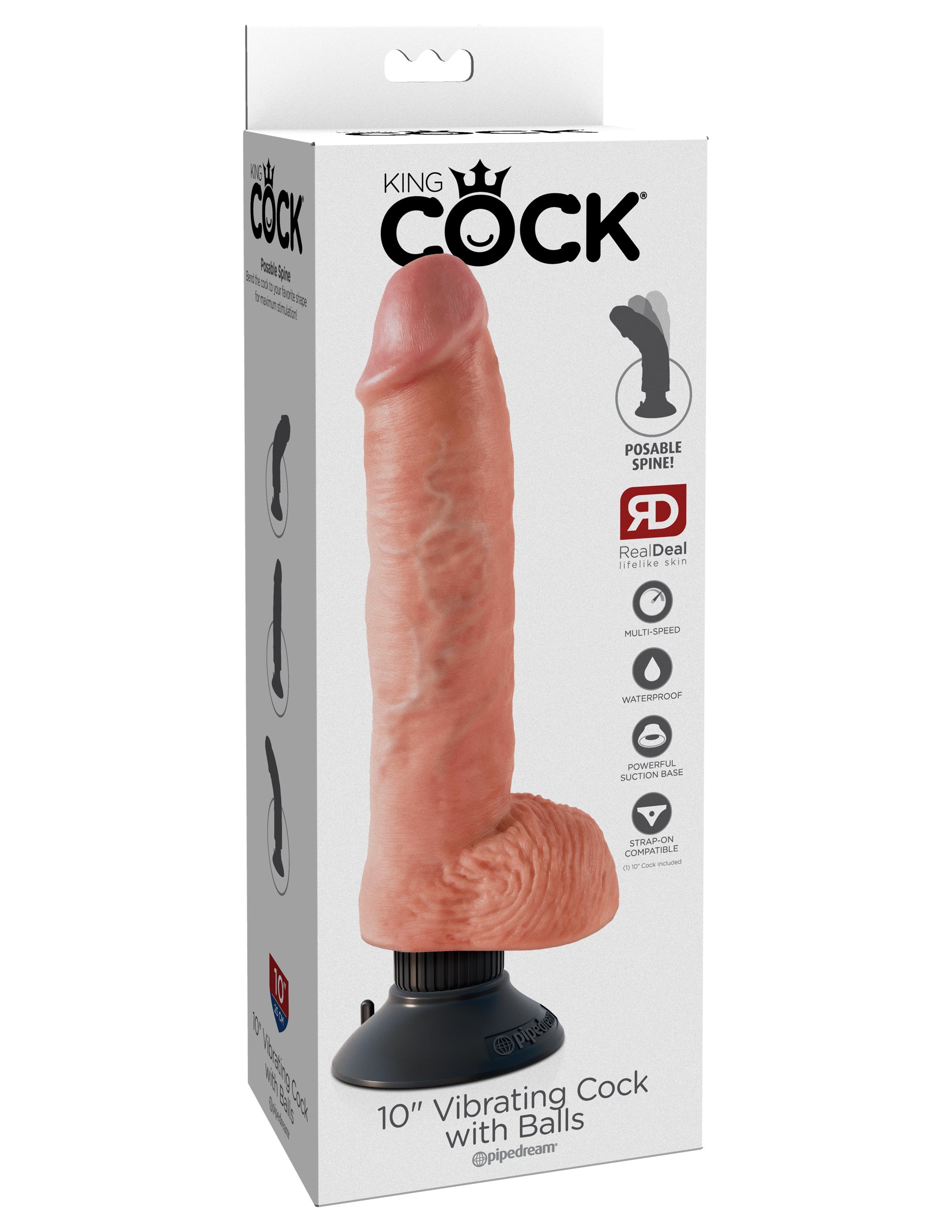 King Cock 10-Inch Vibrating Cock With Balls Flesh packaging showcasing realistic design and strong suction base.
