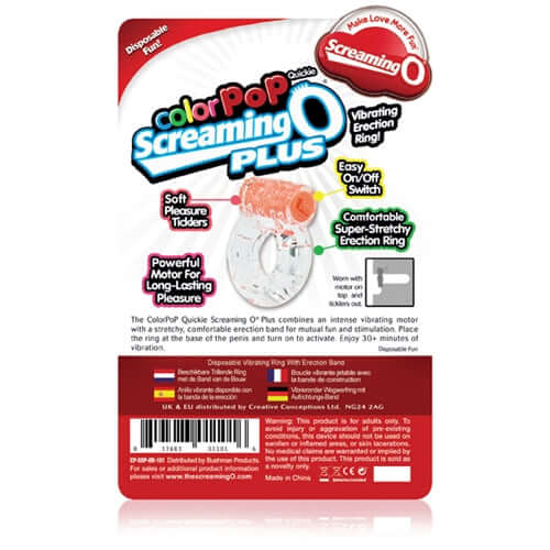 Colorpop Quickie Plus Vibrating Ring Orange packaging showcasing the product features and branding by Screaming O.