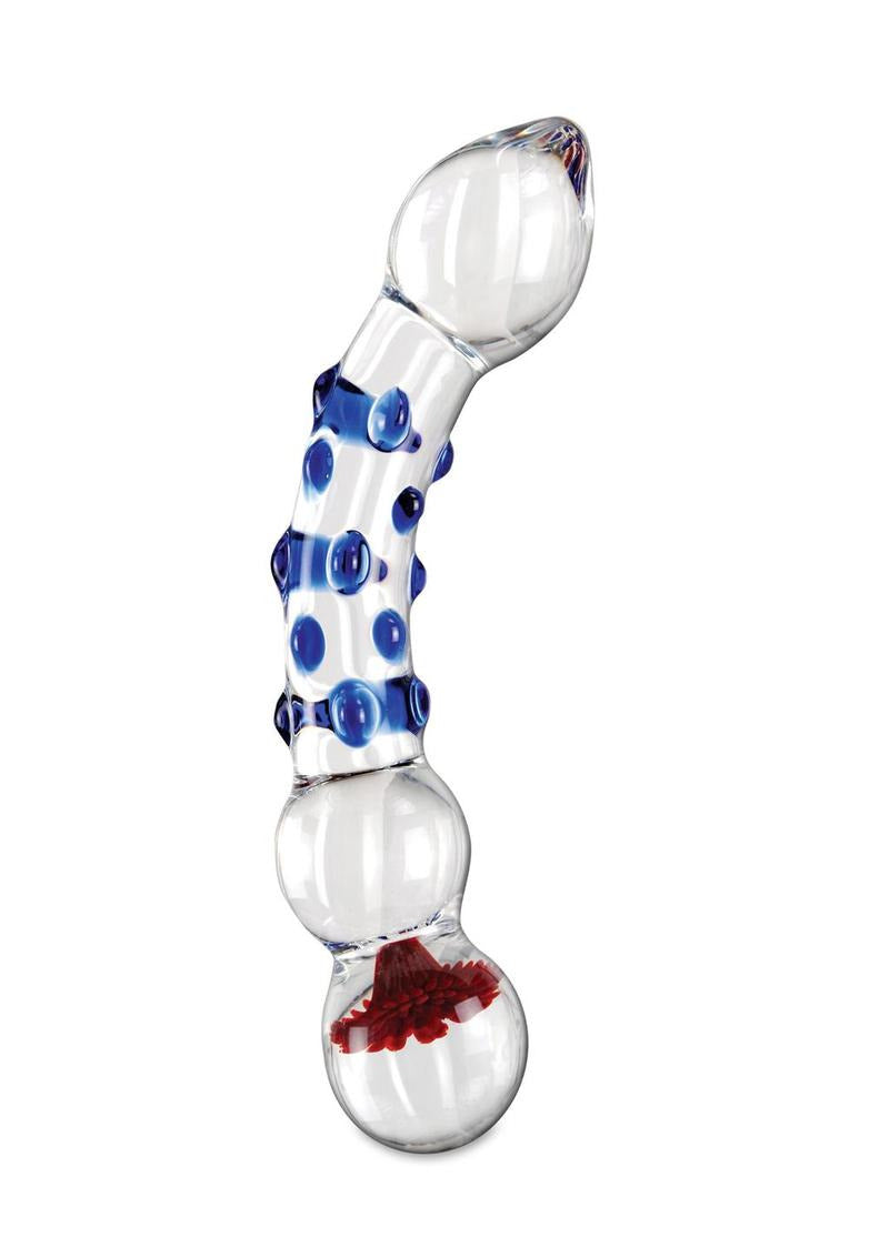Icicles No 18 Textured Glass Dildo 7.5 inch Clear Blue with intricate detailing and blue accents.