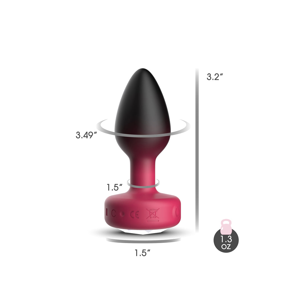 Cheeky Charms Eluxe Vibrating Anal Plug Small Ruby dimensions, featuring sleek design and luxurious details.