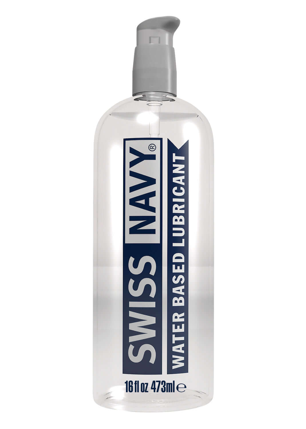 Swiss Navy Water-Based Lubricant 16 Oz bottle displaying clear design and pump top for easy application.