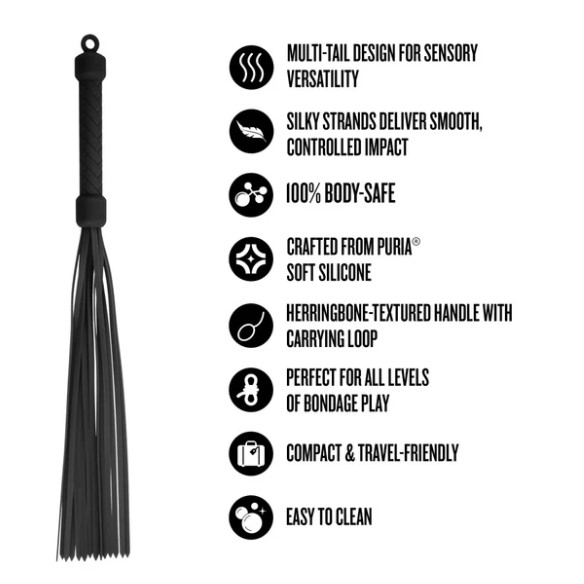 Temptasia Ardor Flogger Black features a multi-tail design, silky strands, and is crafted from body-safe Puria silicone.