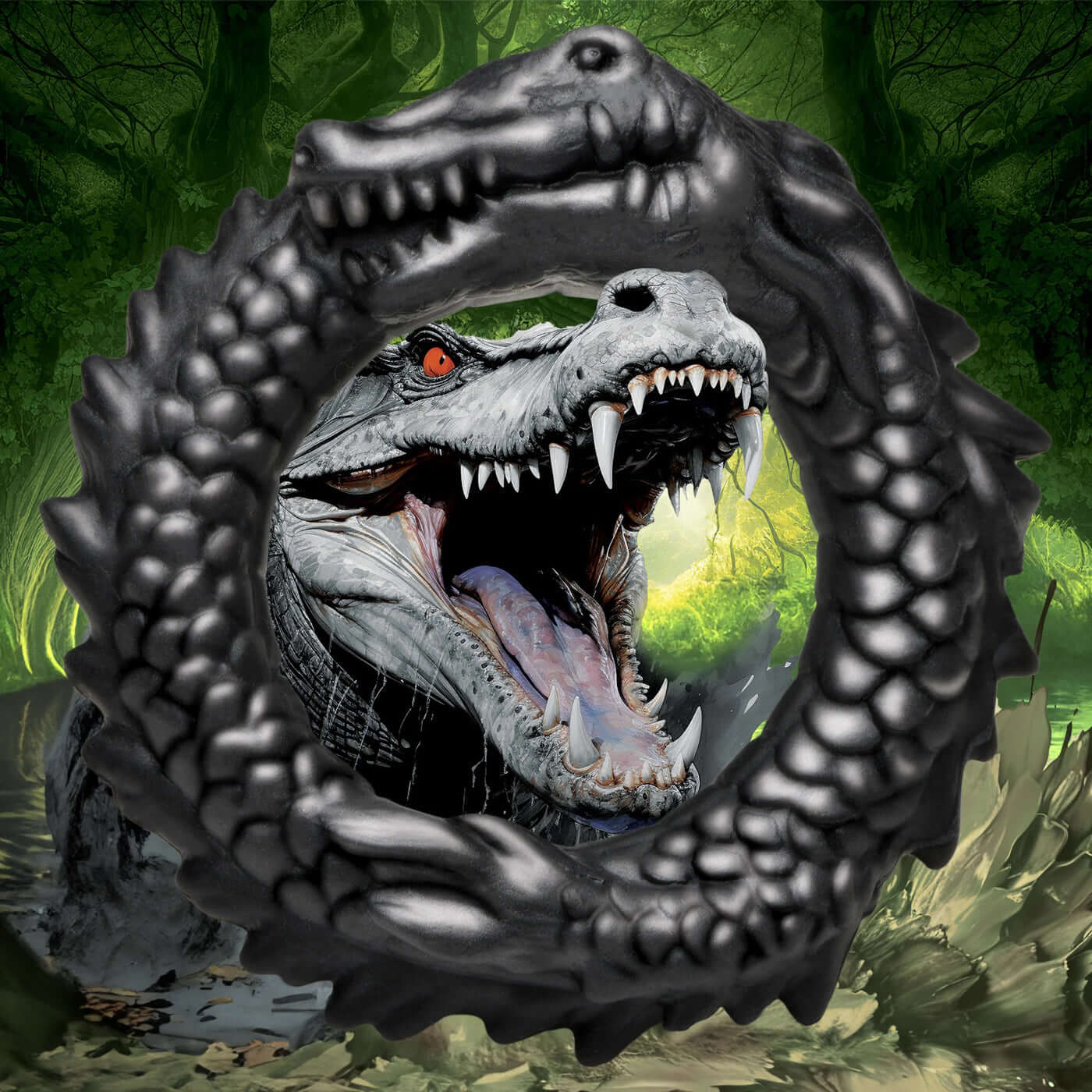 Black Caiman Silicone Cock Ring with grinning caiman design and textured ridges against a jungle background.