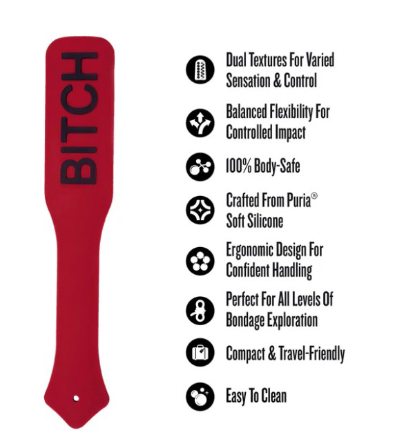 Temptasia Ardor Silicone Paddle Red showcasing features like dual textures, ergonomic design, and body-safe silicone.