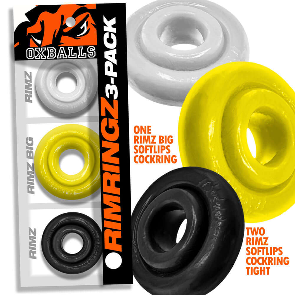 Oxballs Rimringz Multi Size 3 Pack Shockwave featuring RIMZ cockrings in various sizes and colors.