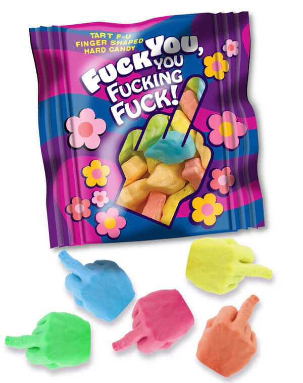 Fuck You You Fucking Fuck Candy Bag of 25 with colorful finger-shaped hard candy in vibrant packaging.
