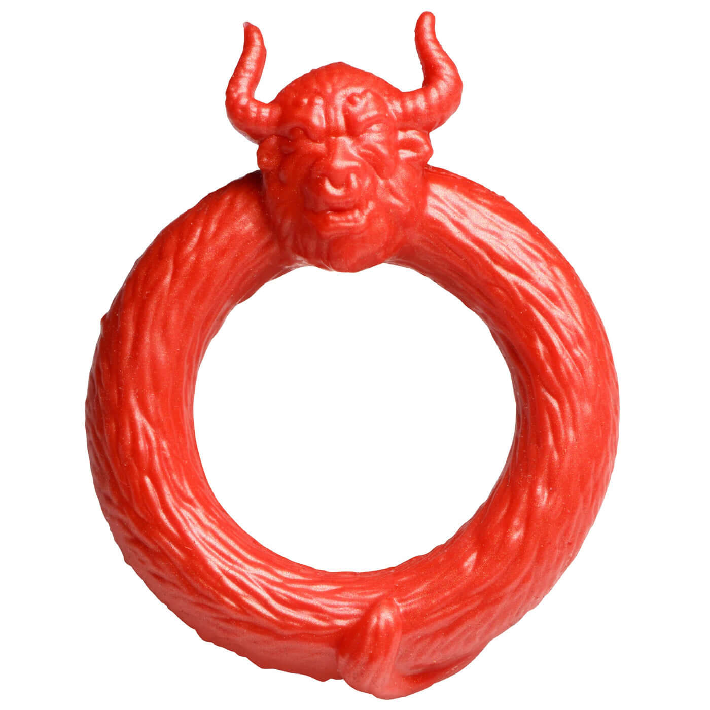 Red Beast Mode Silicone Cock Ring with bull head and horns, stretchy and phthalate-free, body safe, for wild desires and enhanced pleasure