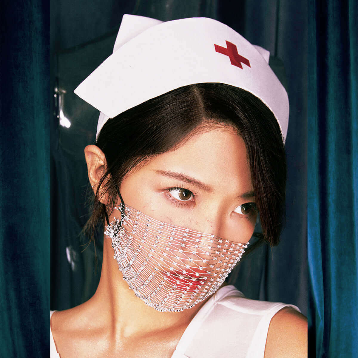 Nurse costume featuring a stylish hat and a shiny see-through mask, highlighting seductive red lips for a striking role play look.
