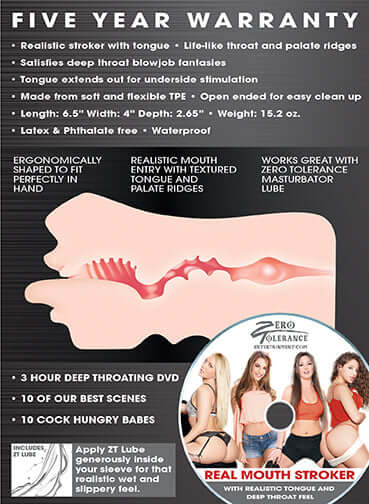 Zero Tolerance Real Mouth Stroker features ergonomic design with tongue and textured entry for lifelike sensations.