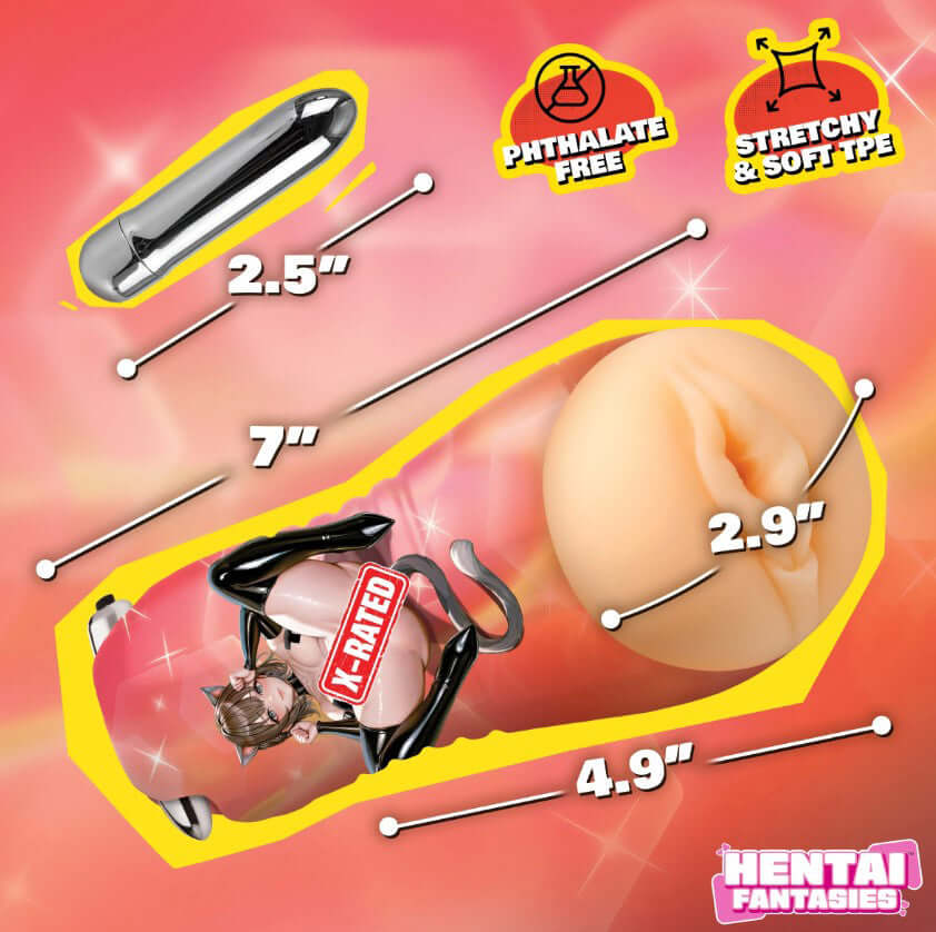 Mochi the Cat Girl Vibrating Pussy Stroker Beige dimensions and features, including phthalate free and stretchy soft TPE material.