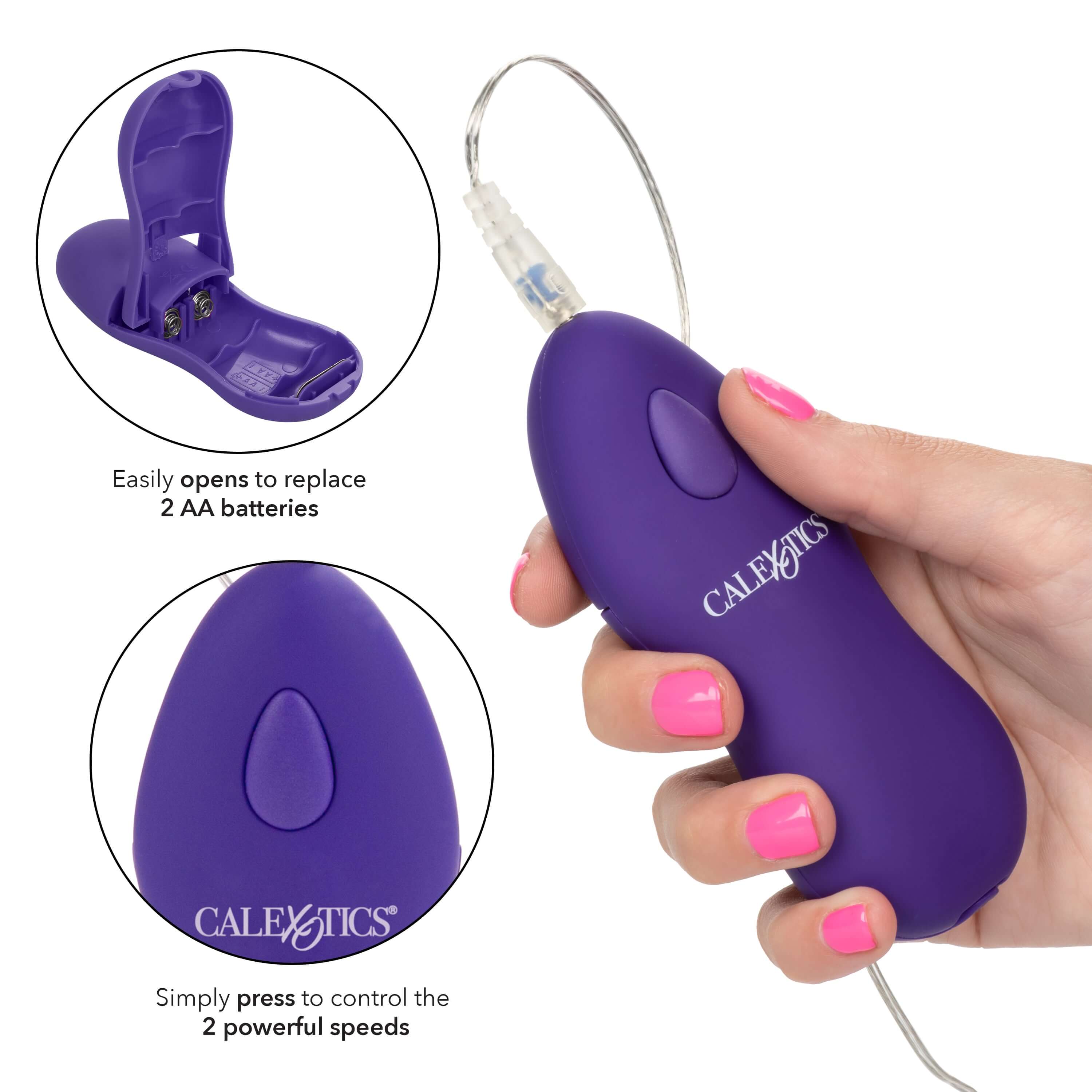 Whisper Micro Bullet Vibrator Purple features easy battery replacement and controls for 2 powerful speeds.