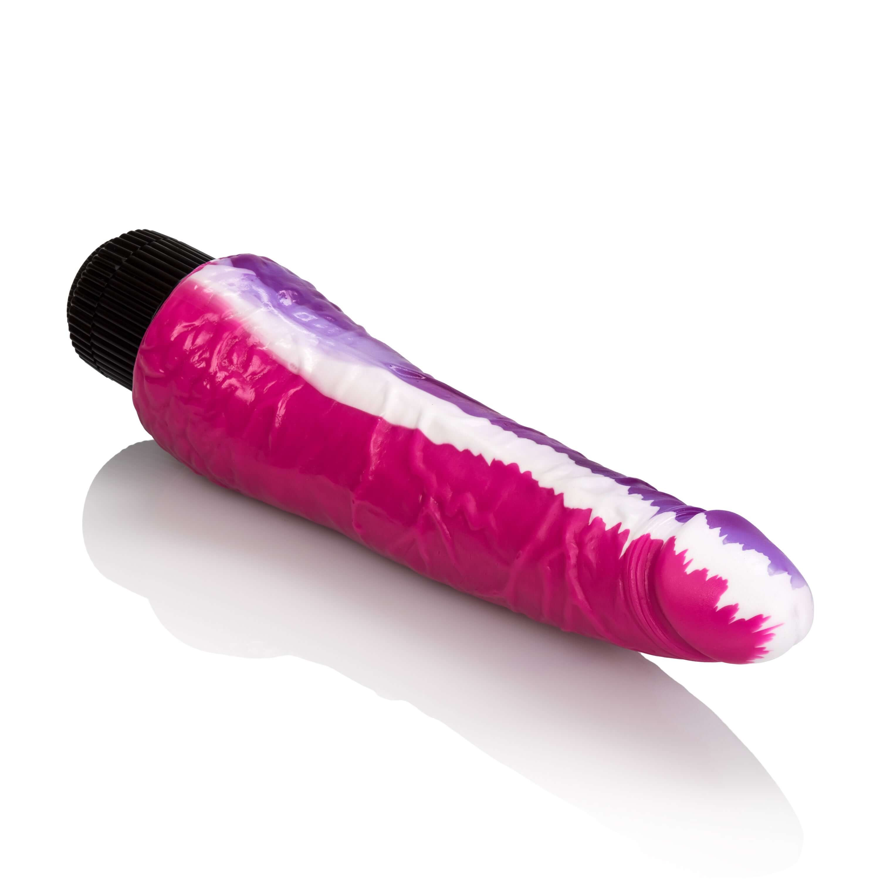 Funky Jelly Curved Vibrator 7.5 Inches Pink Purple showcasing a vibrant pink and purple design with a curved shape.
