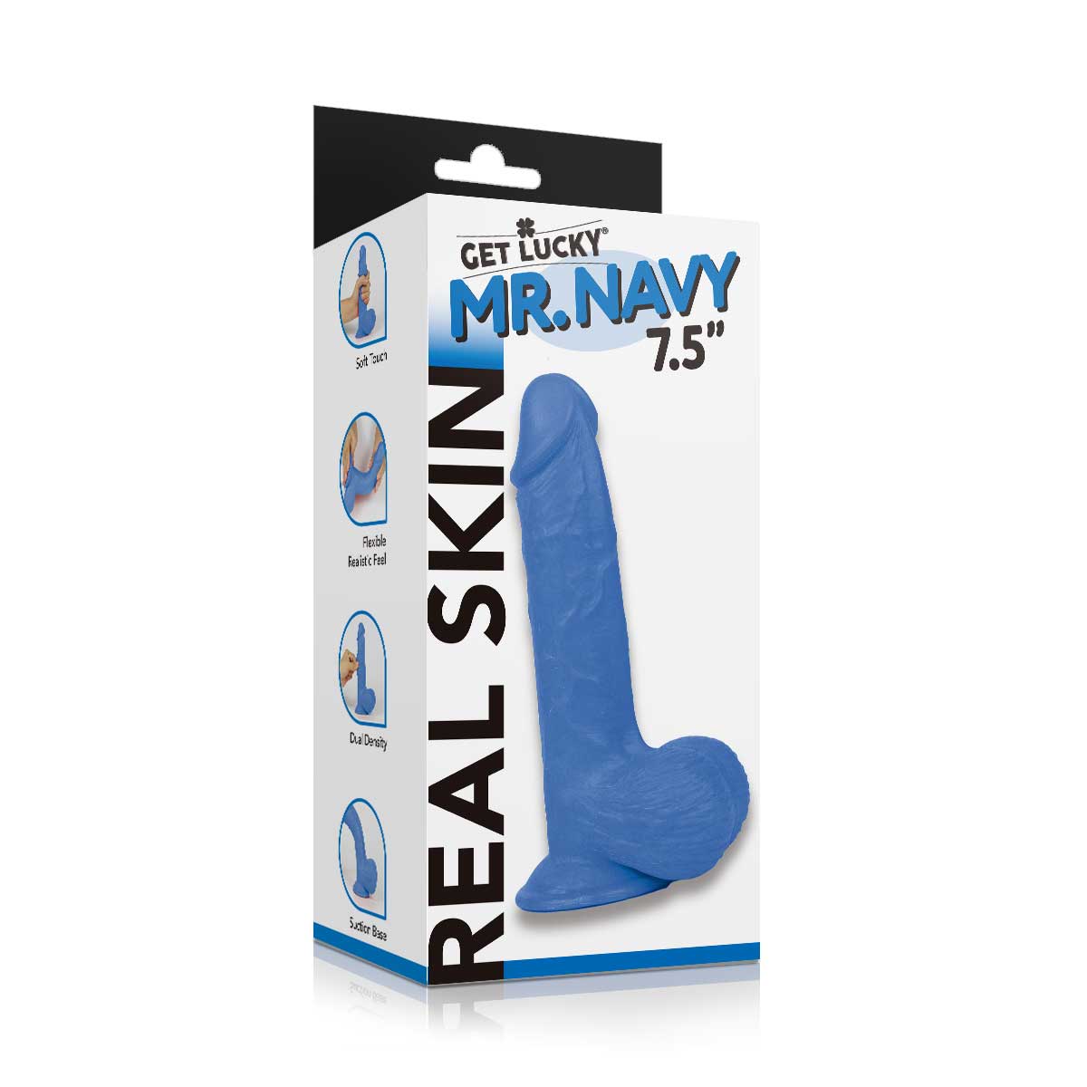 Real Skin Mr Navy 7.5 inches Dual Layer Dildo packaging featuring a blue dildo with detailed texture and suction cup base.