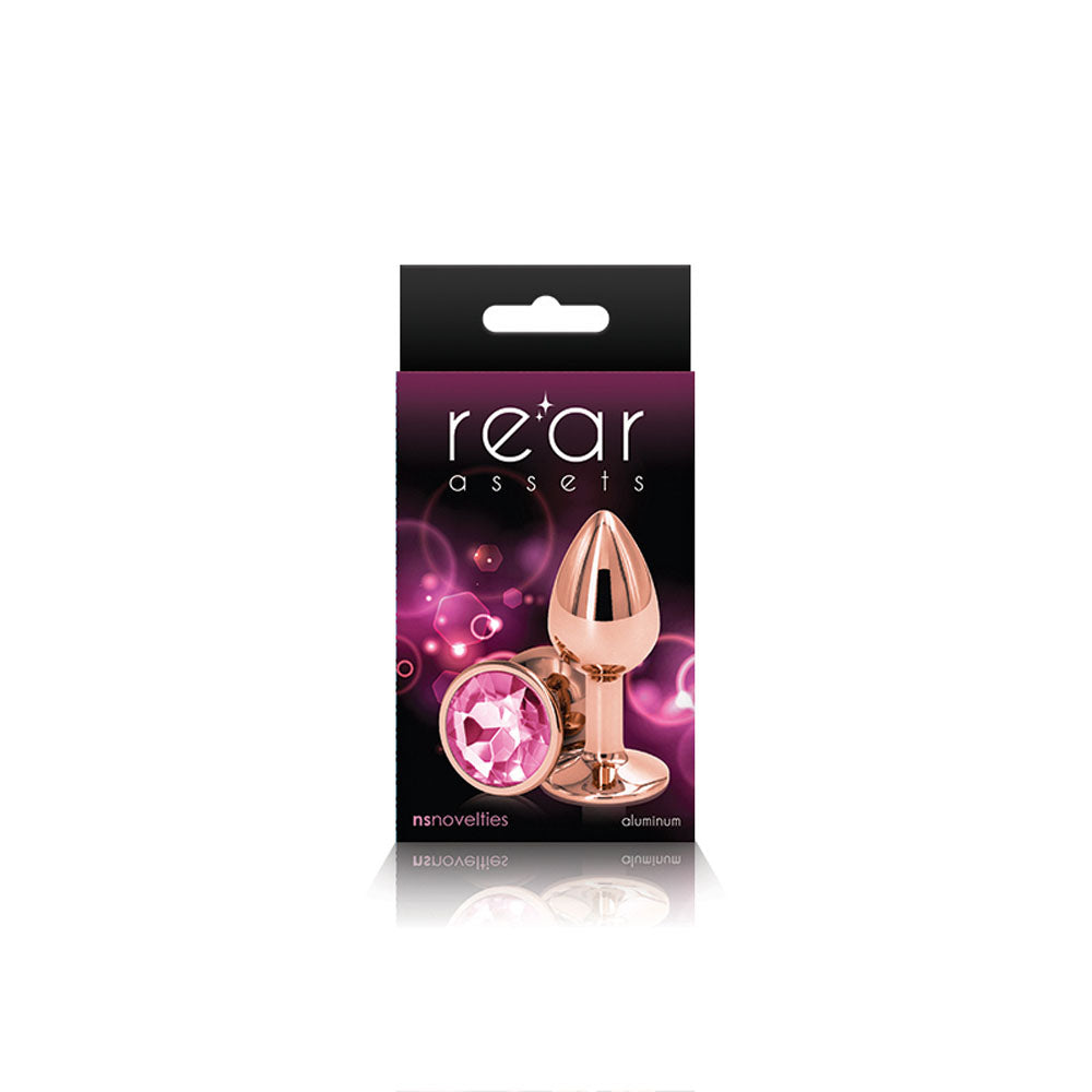 Rear Assets Rose Gold Anal Plug Small Pink packaging with a polished rose gold finish and a pink accent.