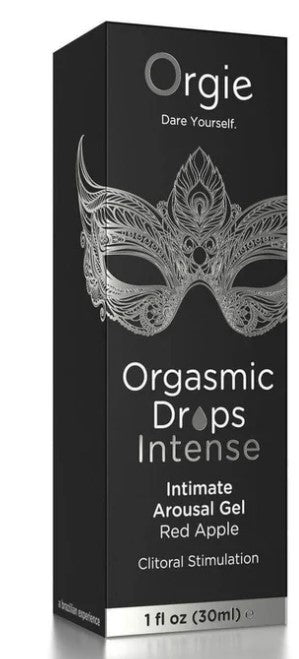Orgie Orgasmic Drops Intimate Arousal Gel Red Apple 1 Oz packaging highlighting clitoral stimulation and red apple flavor.