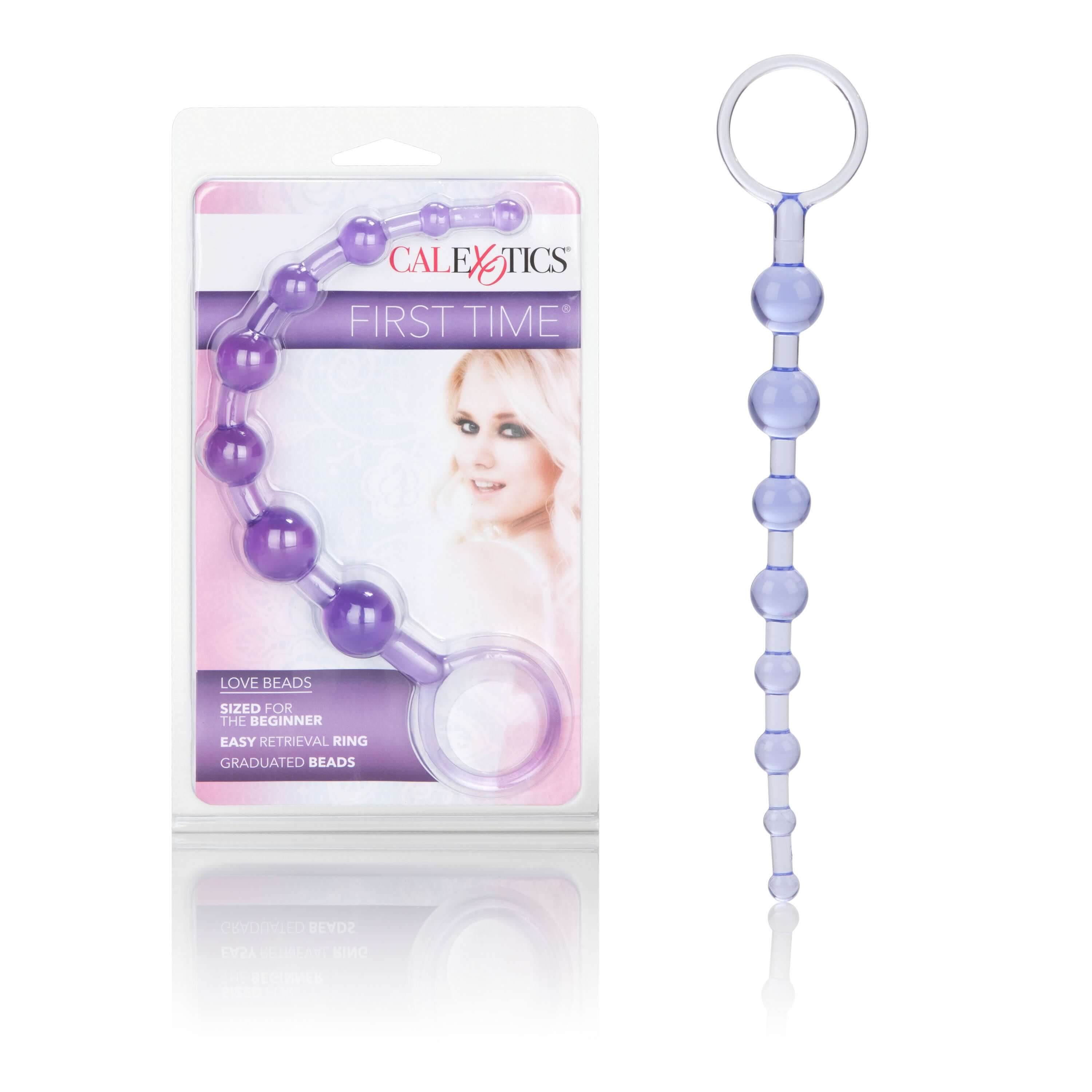 First Time Love Anal Beads Purple product packaging and beads shown together for intimacy exploration.