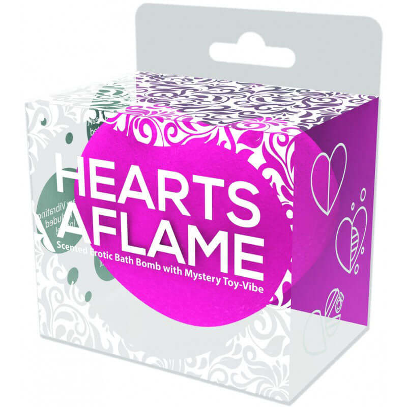 Hearts Aflame Erotic Lovers Bath Bomb packaging featuring a colorful design and mystery toy-vibe for sensual baths.
