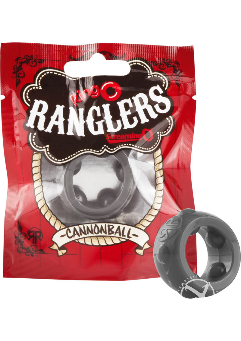 RingO Ranglers Cannonball Cock Ring Grey 10 Count packaging with a grey cock ring next to it.