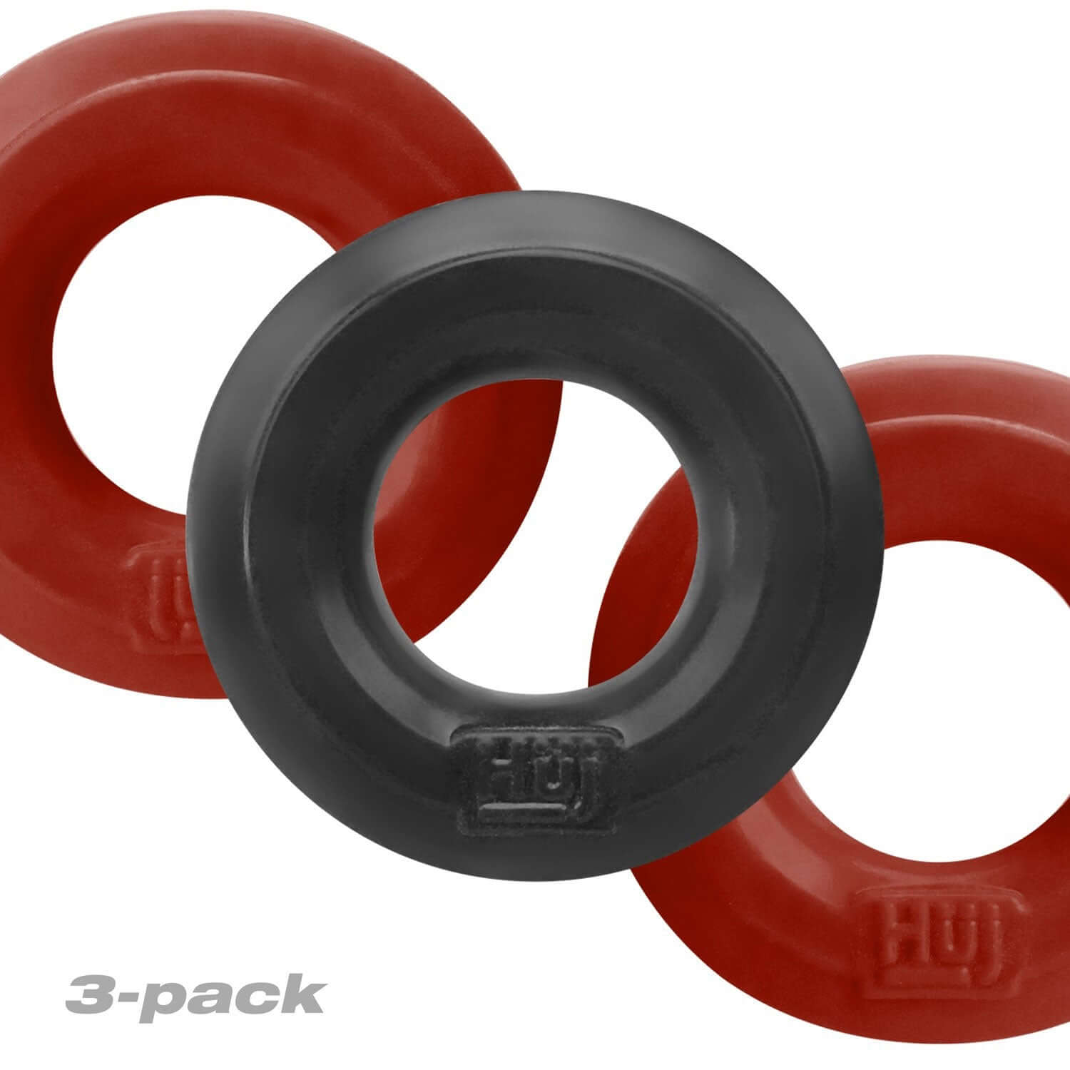 Hunkyjunk HUJ3 Silicone C-Rings 3 Pack Cherry Tar featuring red and black rings on a white background.