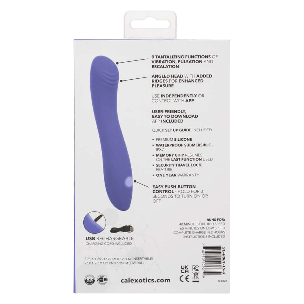 Back packaging of the CalExotics Connect Contoured "G" Massager detailing features like vibrations modes, USB charging, and app control.