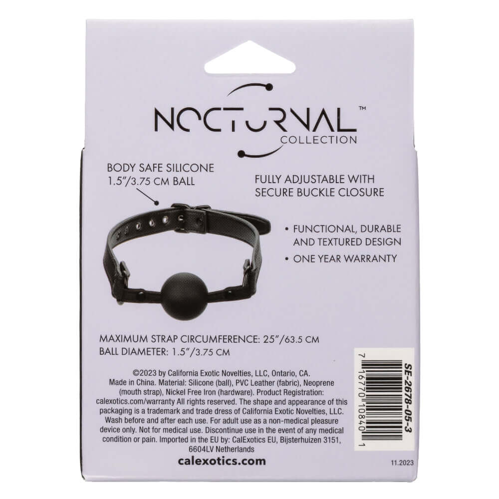 Packaging of Nocturnal Collection Ball Gag highlighting features such as body-safe silicone, adjustable buckle closure, and a year warranty.