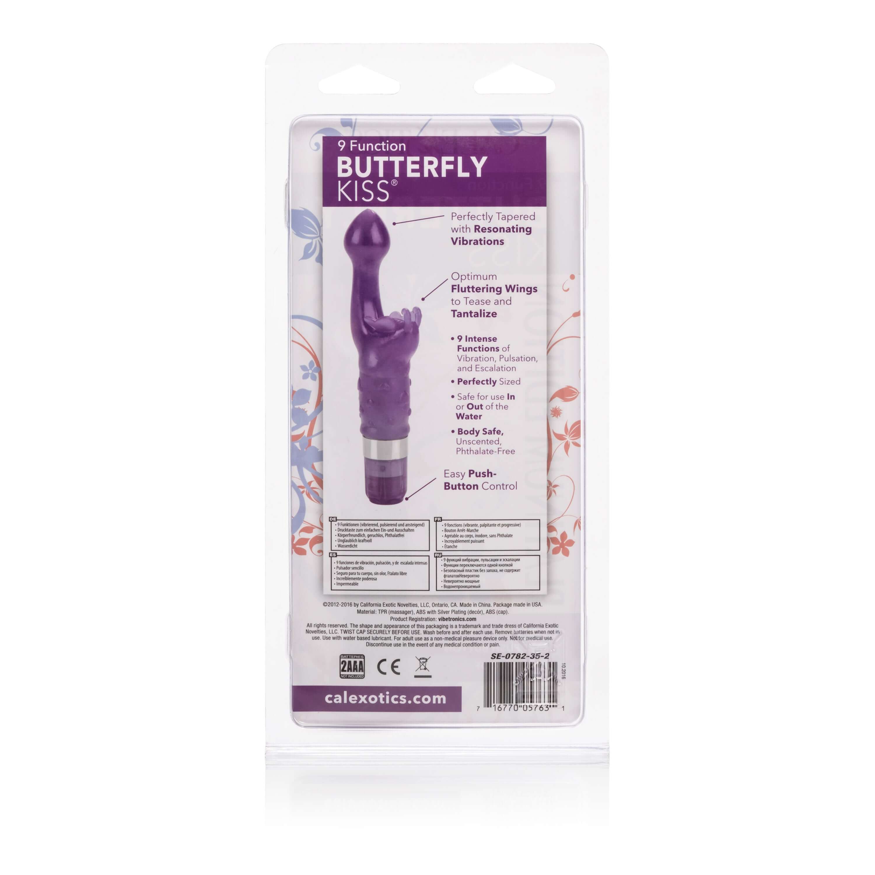 Butterfly Kiss Vibrator Platinum Edition Purple packaging showcasing features and functions, designed for targeted stimulation.