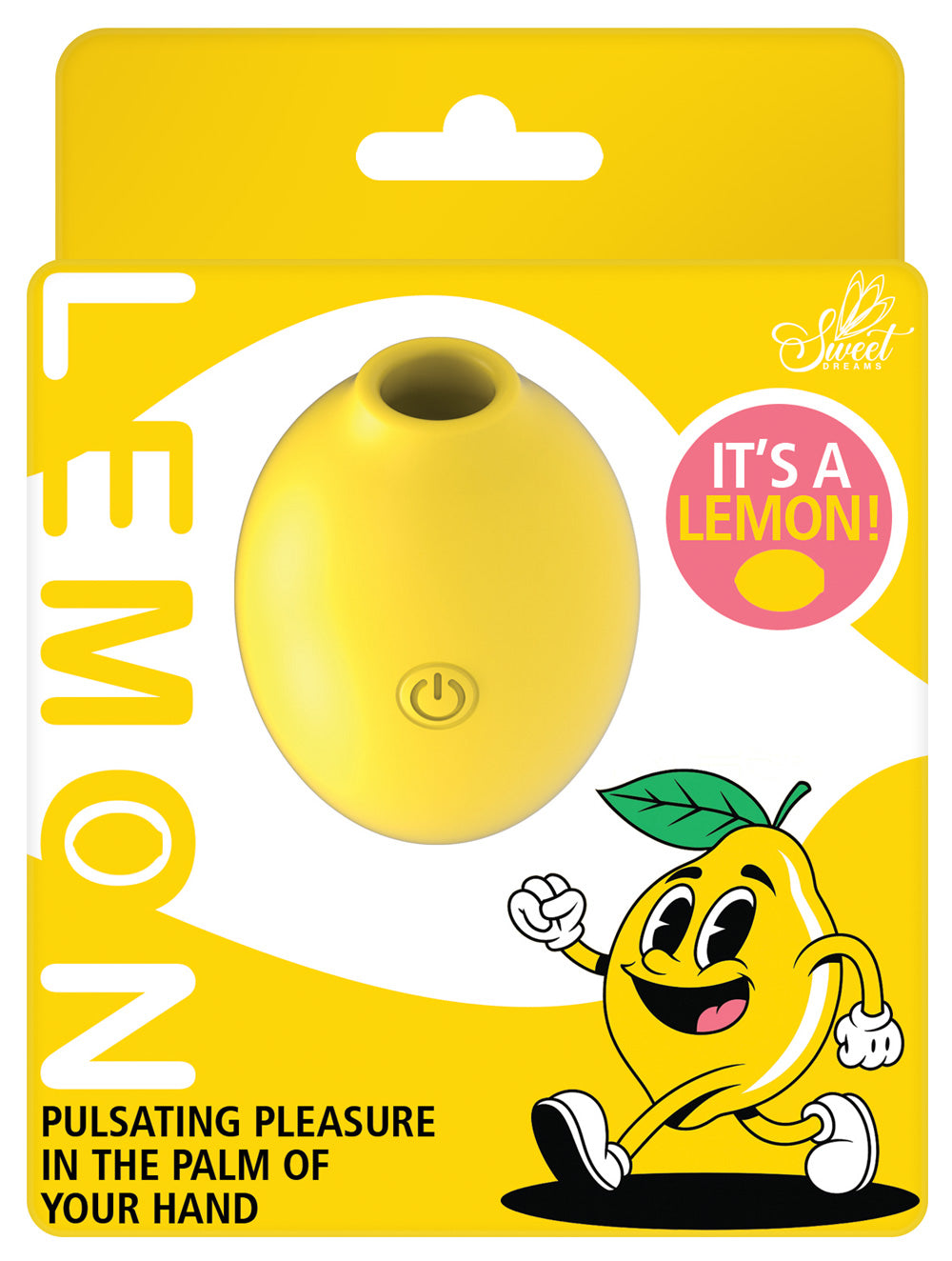 Sweet Dreams Lemon Rechargeable Pulsating Vibrator packaging with playful lemon character and tagline.