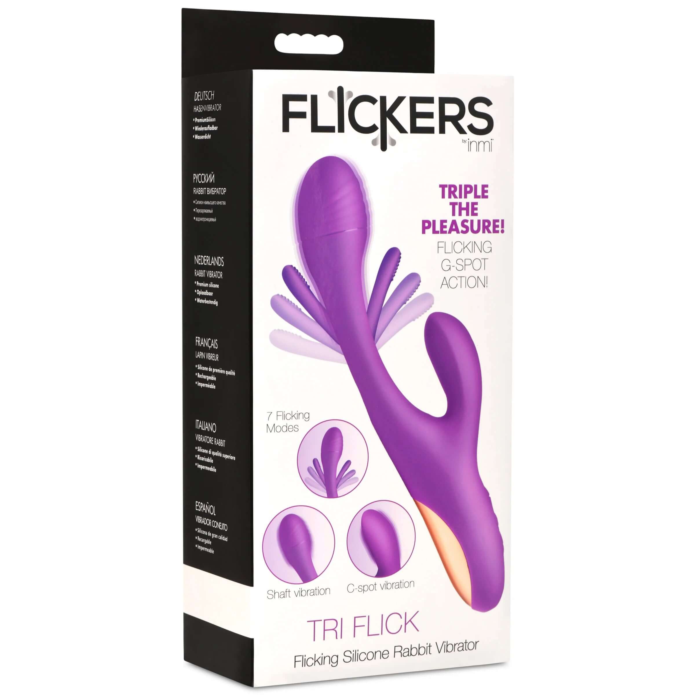 Purple Tri-Flick Flicking Silicone Rabbit Vibrator packaging featuring G-spot, C-spot, and shaft vibration modes – premium silicone, body-safe.