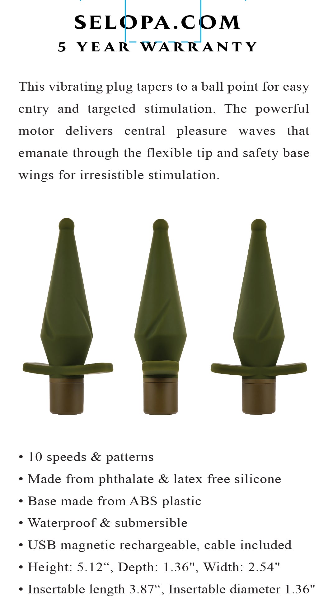 Selopa The Private Rechargeable Silicone Anal Plug Green with ergonomic design for comfortable insertion and stimulation.