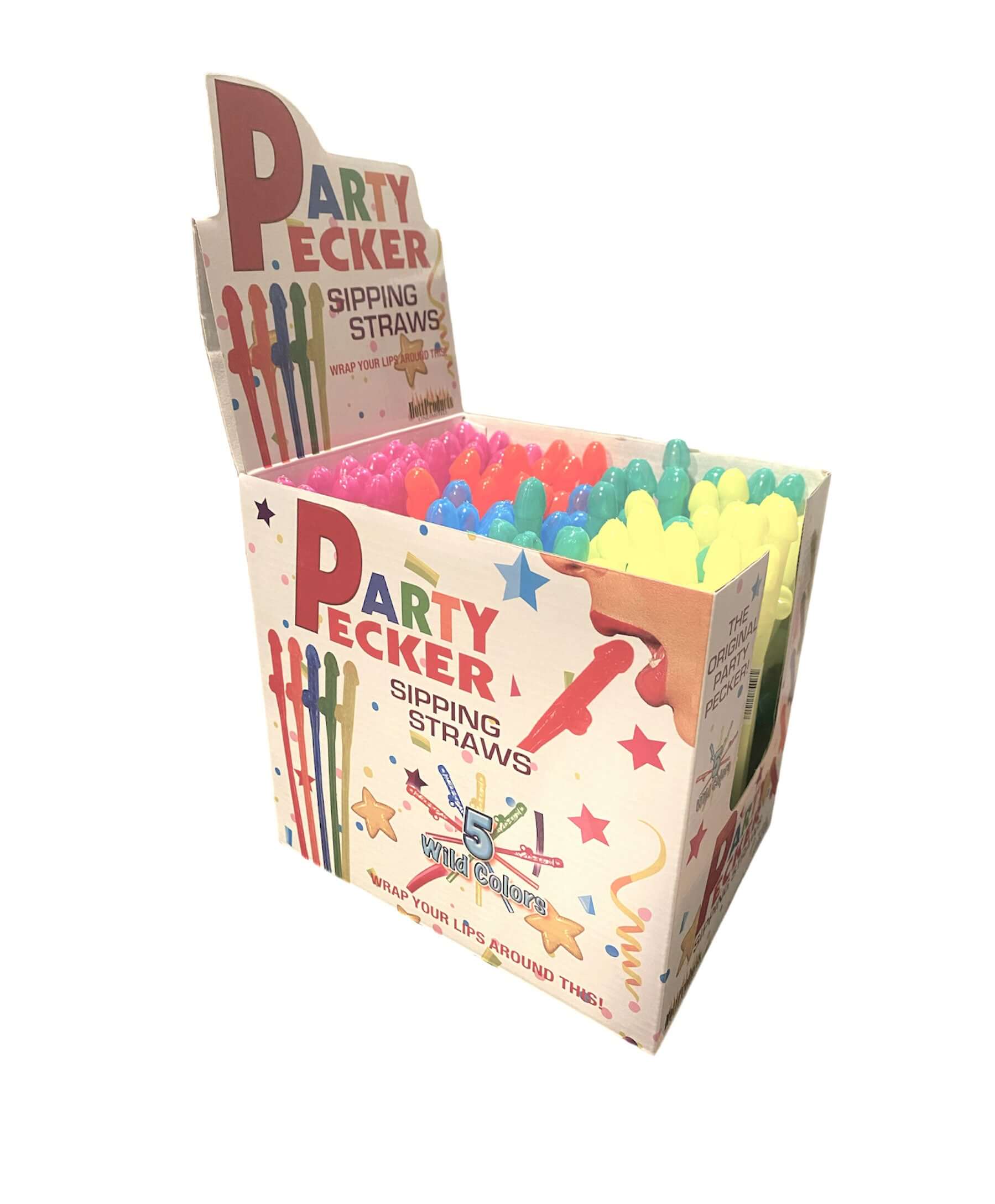 Party Pecker Sipping Straws 5 Assorted Colors 144 Pcs Display in colorful box for hilarious party fun.