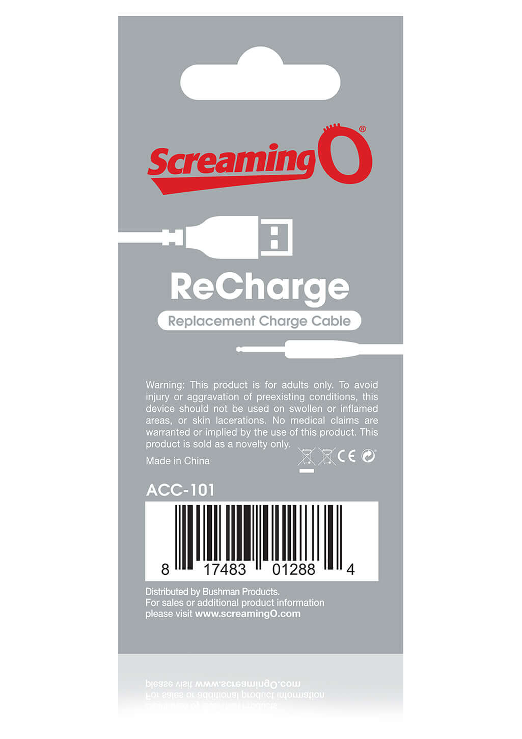 Screaming O Recharge Charging Cable package featuring a USB charge cable for rechargeable toys.