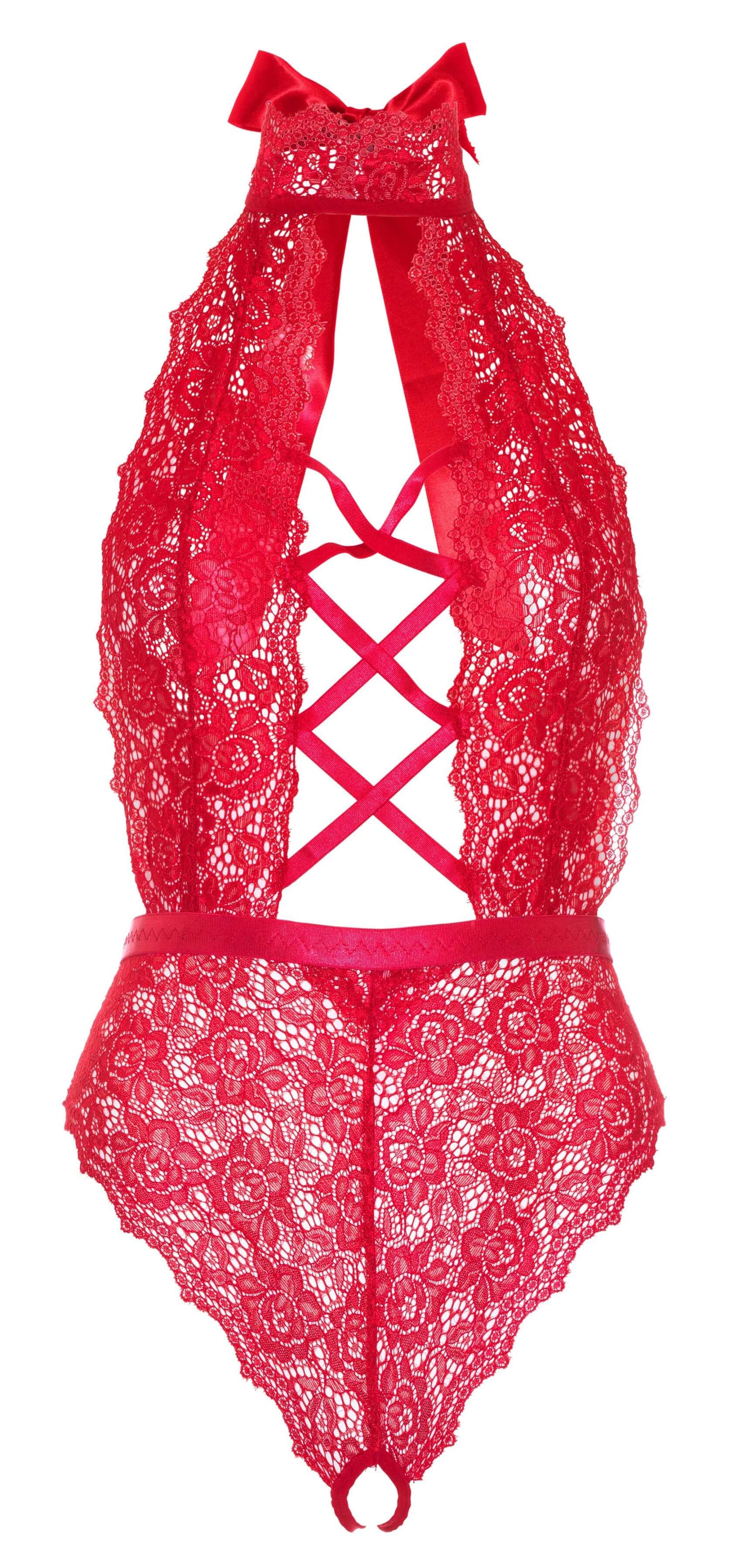 Floral Lace Crotchless Teddy - 1x/2x - Red-3