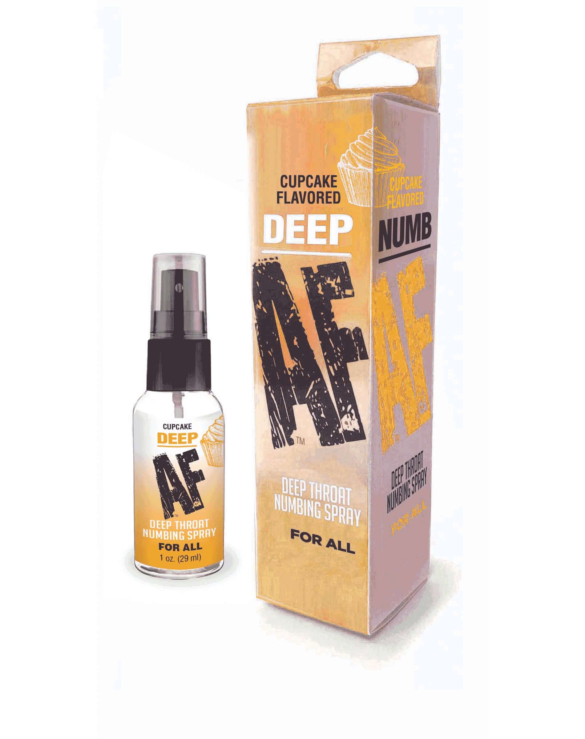 Deep AF Throat Numbing Spray 1 Oz - Cupcake flavored oral desensitizer with packaging to reduce gag reflex and discomfort during oral sex.