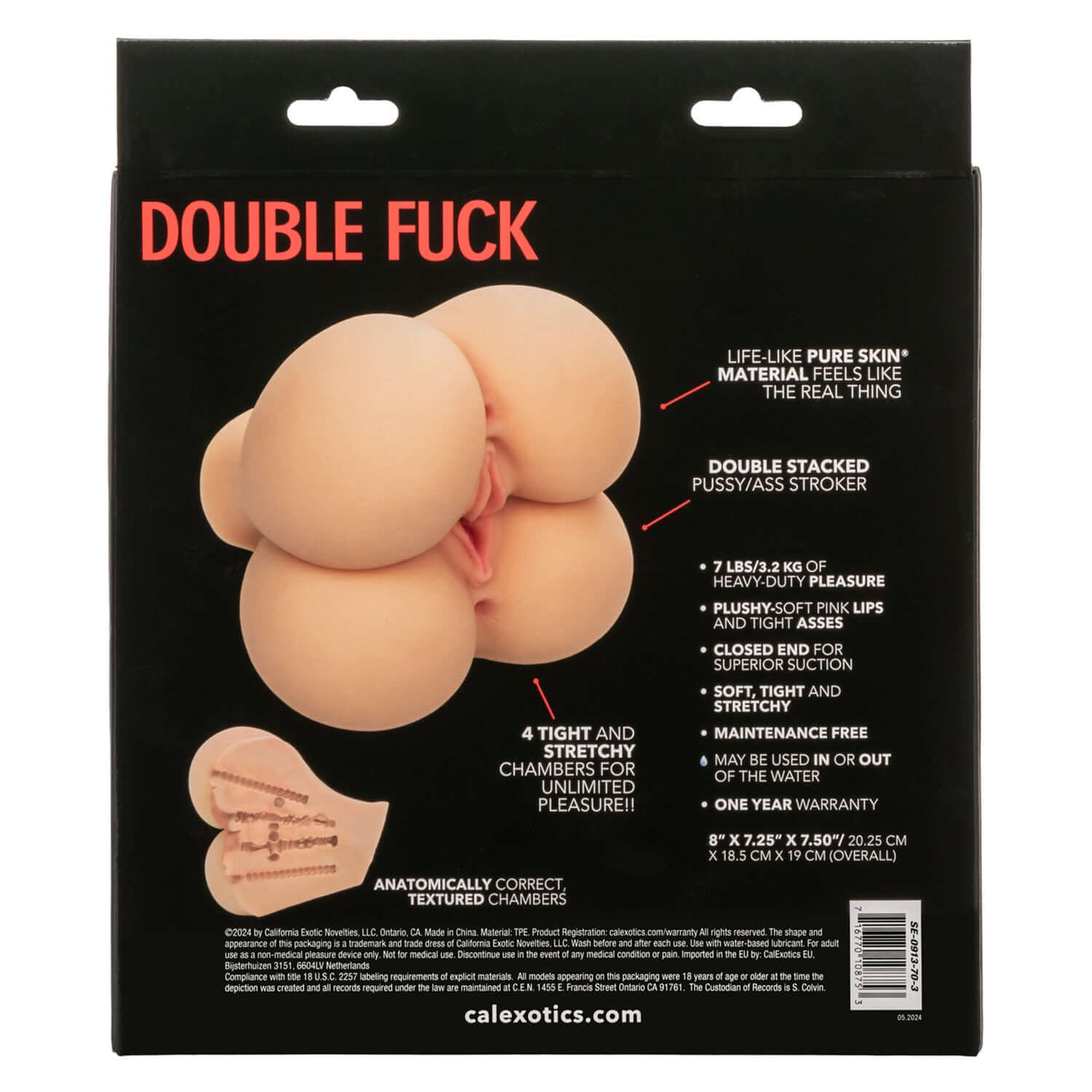Stroke It Double Fuck Masturbator Ivory back packaging with features and details highlighted.
