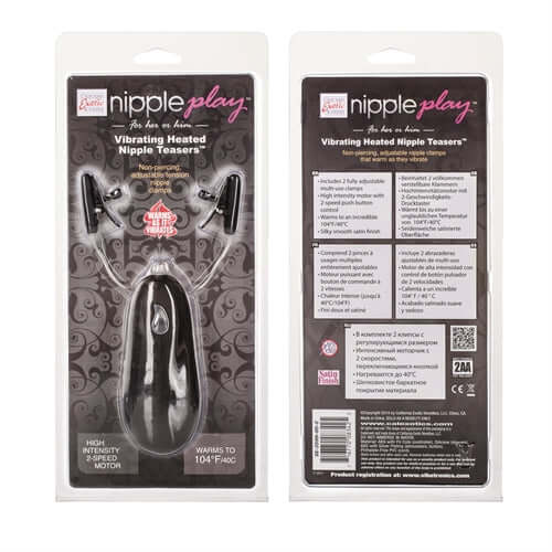 Vibrating Heated Nipple Teasers Black in packaging highlighting features and adjustable settings for stimulation.