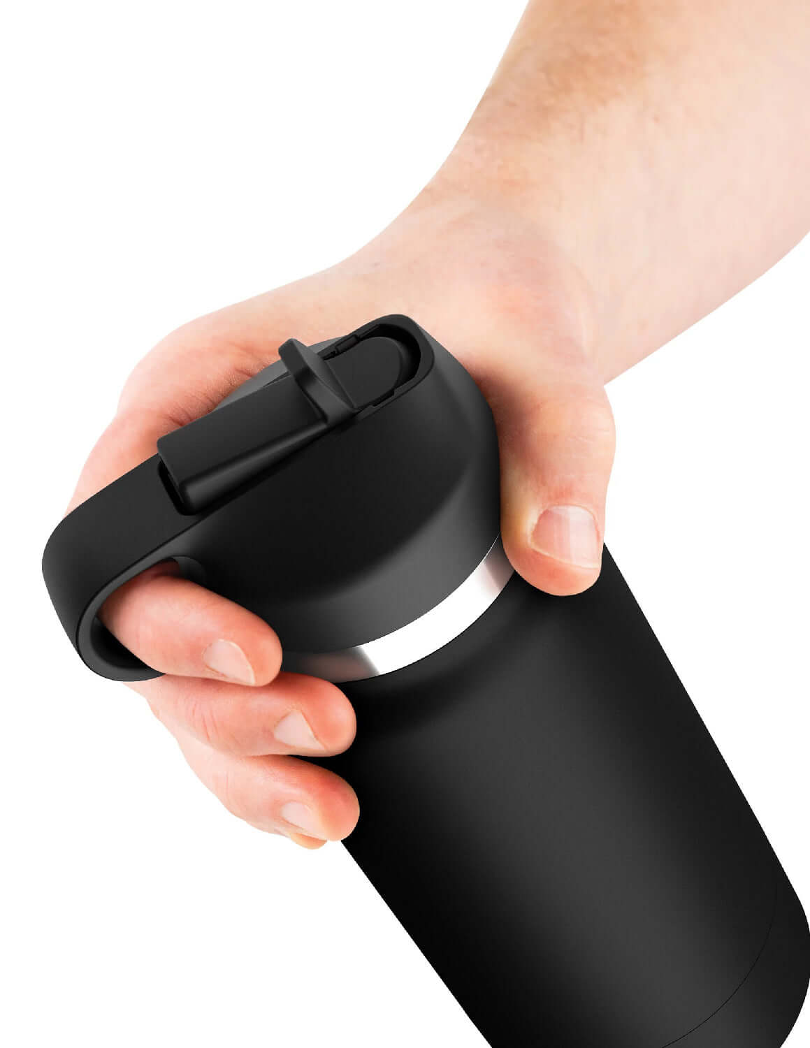 Hand holding Fap Flask Thrill Seeker black bottle stroker with frosted finish, resembling a modern reusable water bottle.