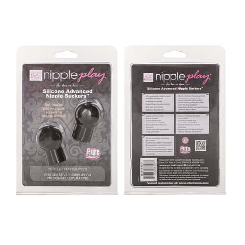 Nipple Play Silicone Advanced Nipple Suckers Black packaging showing product details and usage information.