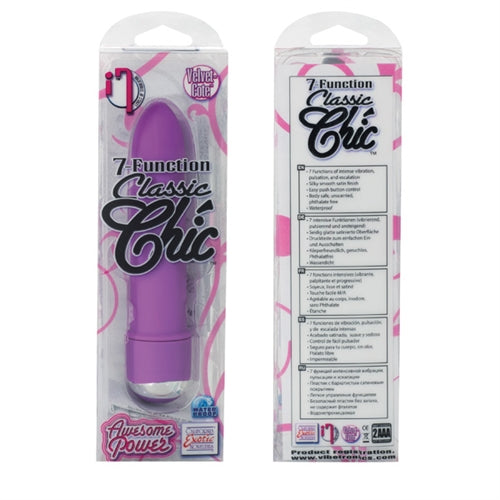 7 Function Classic Chic Mini Vibe Purple packaging showcasing a compact vibrating massager with 7 functions and a sleek design.