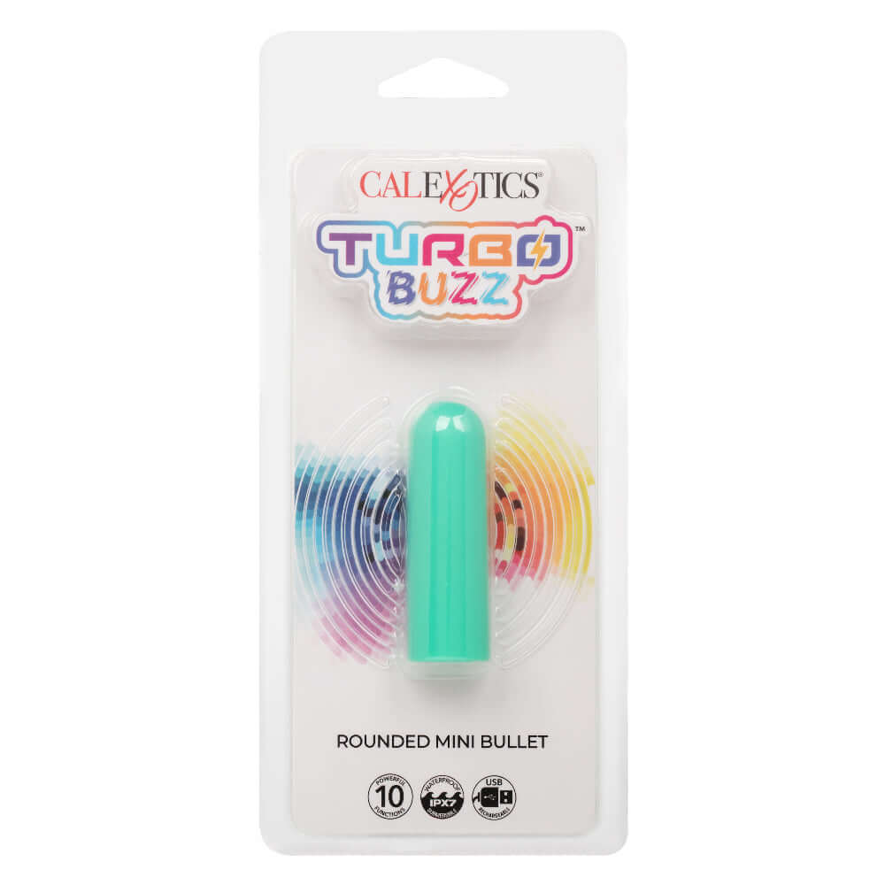 Green Turbo Buzz Rounded Mini Bullet in packaging featuring 10 vibration functions, body-safe material, and IPX7 waterproof rating.