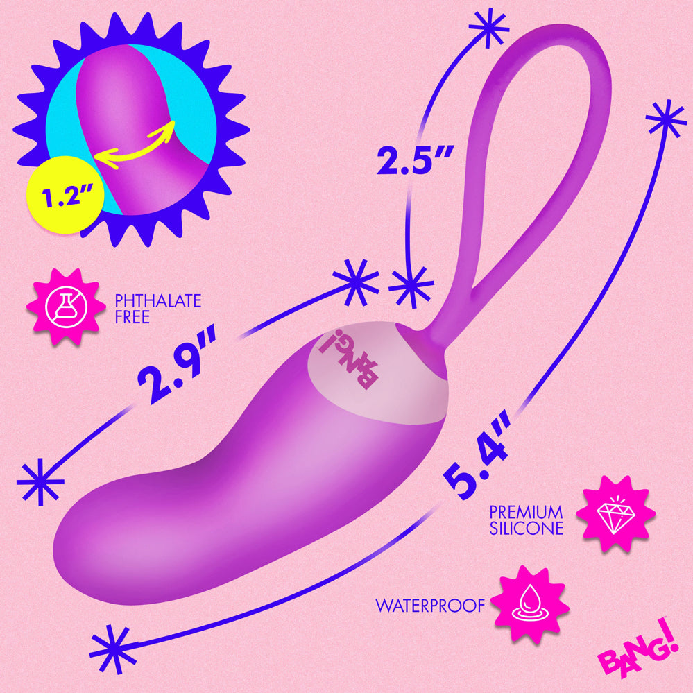 Bang Silicone Mini Vibe With Remote Purple size and features infographic, showing waterproof and phthalate-free design.